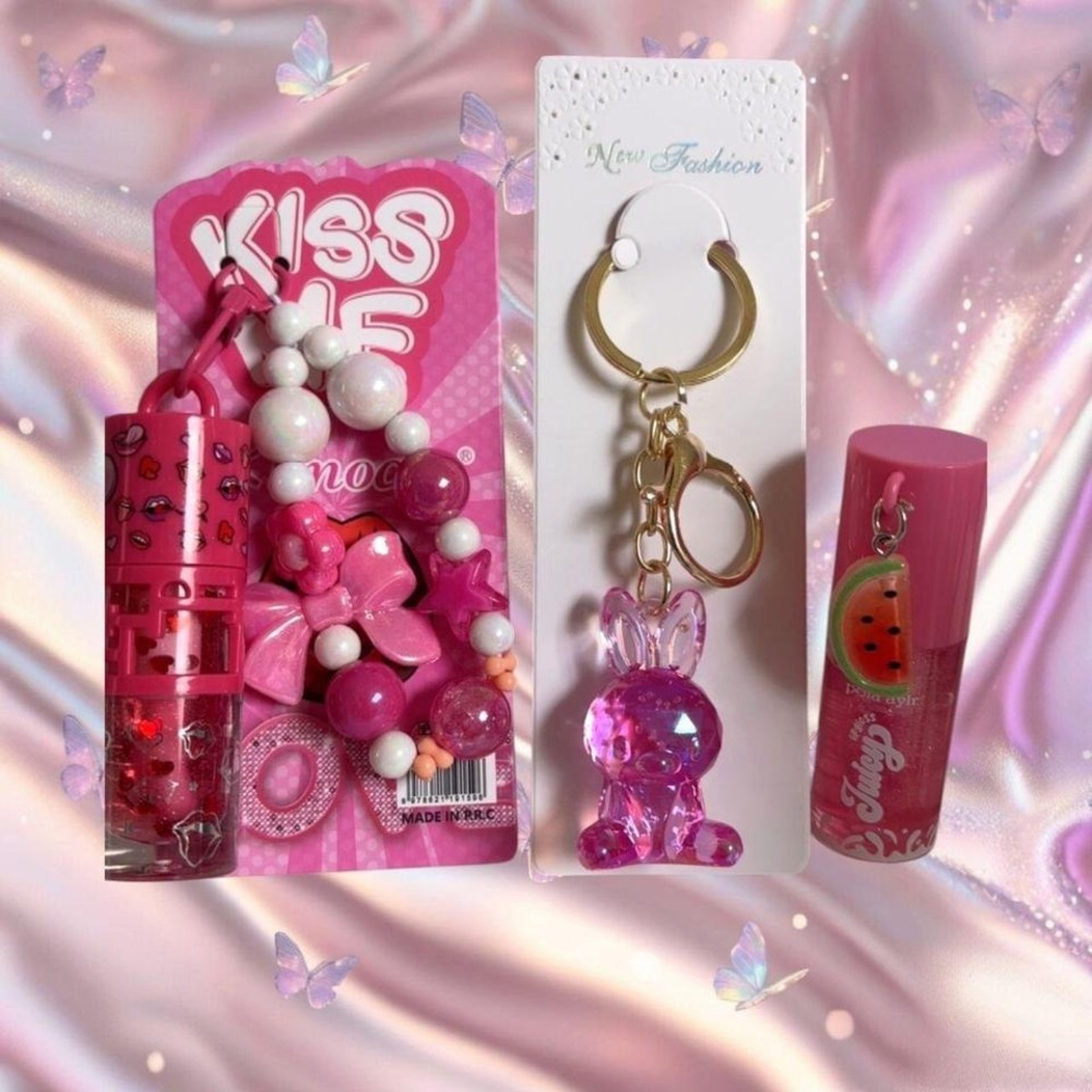 🍉 DARK PINK WATERMELON BUNNY KEYCHAIN LIPGLOSS BUNDLE #93✨